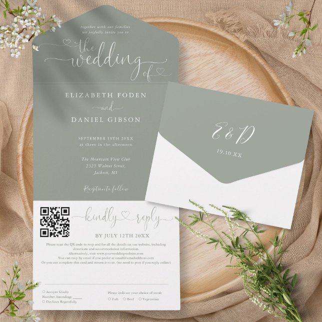 Casamento Minimalista em Verde Salvia Código QR Ra (Sage Green Minimalist Script QR Code Wedding All In One Invitation)