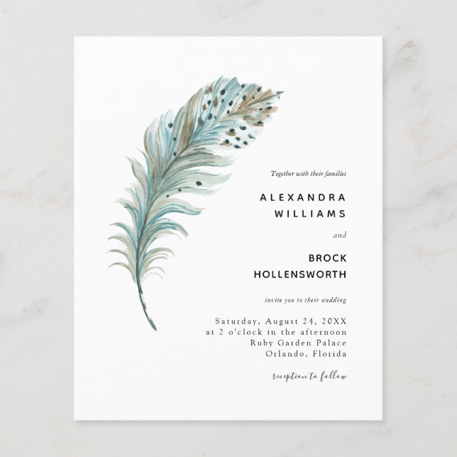 Casamento Mínimo de Feather Azul Teal Boho Orçamen (Frente)