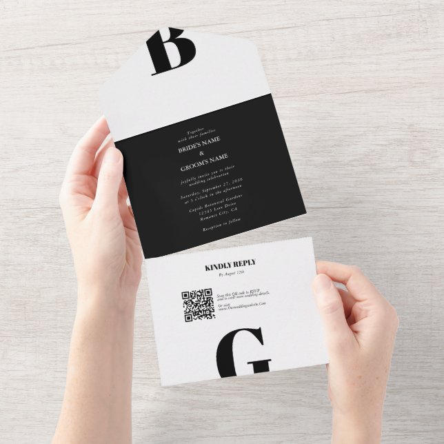 Casamento Mínimo Moderno do Monograma Negro e Bran (Aba destacável)