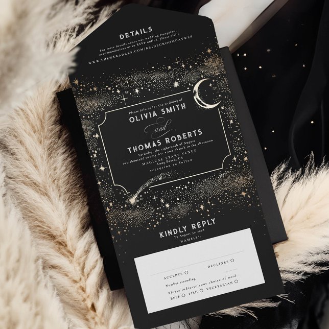 Casamento Místico Celestial de Estrelas do Céu Not (Celestial Black Starry Night All In One Wedding Invitation)