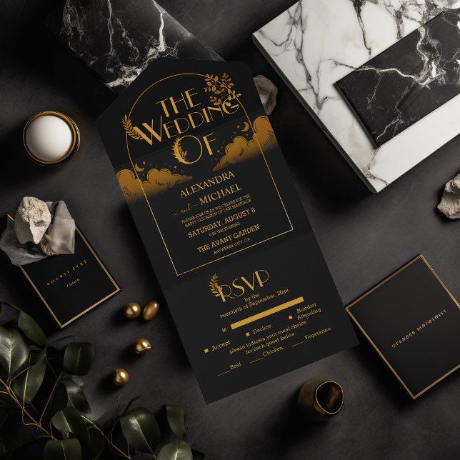 Casamento Místico Preto Dourado Nuvens Lua Elegant (Criador carregado)