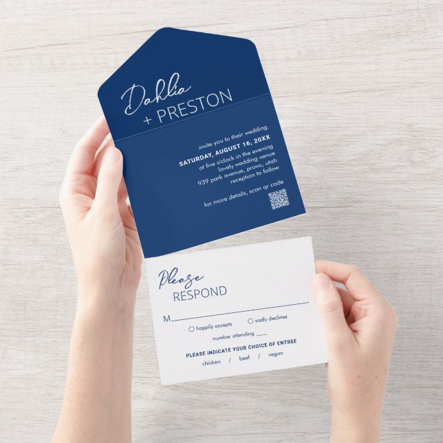 Casamento Moderno Azul Marinho com QR Code Minimal (Aba destacável)
