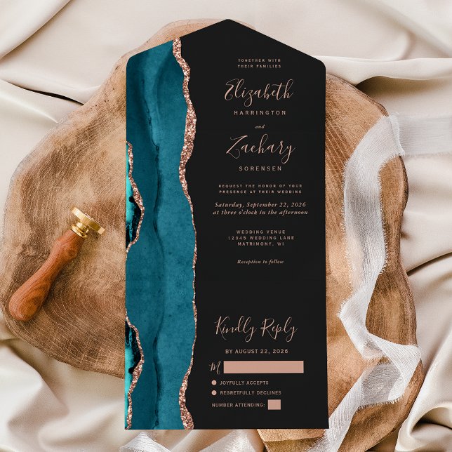 Casamento Moderno Azul Teal com Ouro Rosa Ágata Es (Criador carregado)