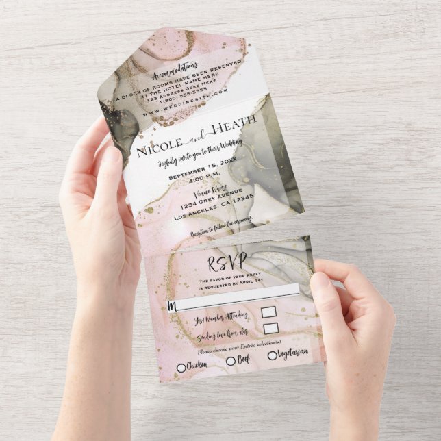 Casamento Moderno Chic com Aquarela em Ouro Rosa e (Aba destacável)