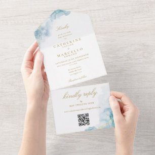 Casamento Moderno Código QR Azul Aquarela Dourado