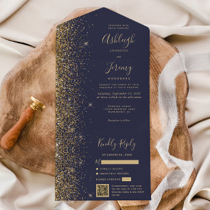 Casamento Moderno Código QR Brilho Azul Dourado