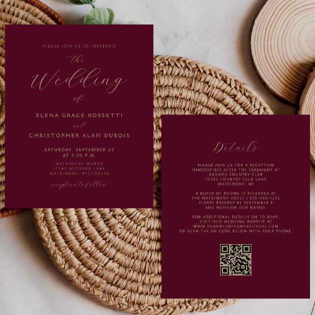 Casamento Moderno Código QR Burgundy Letra Dourada (Criador carregado)