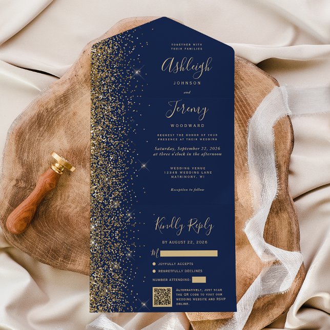 Casamento Moderno com Código QR Brilho Azul Naval  (Criador carregado)