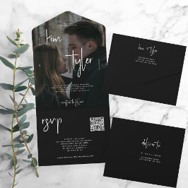 Casamento moderno com código QR preto e branco