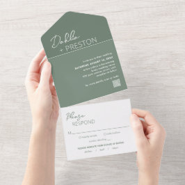 Casamento Moderno com Código QR Verde Sage Mínimo