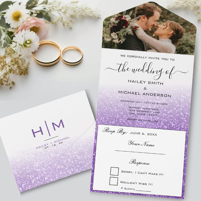 Casamento Moderno com Foto em Ombre Brilho Branco  (White & Purple Glitter Ombre Modern Photo Wedding All In One Invitation)