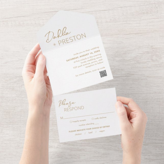 Casamento Moderno com QR Code em Ouro Mínimo (Aba destacável)