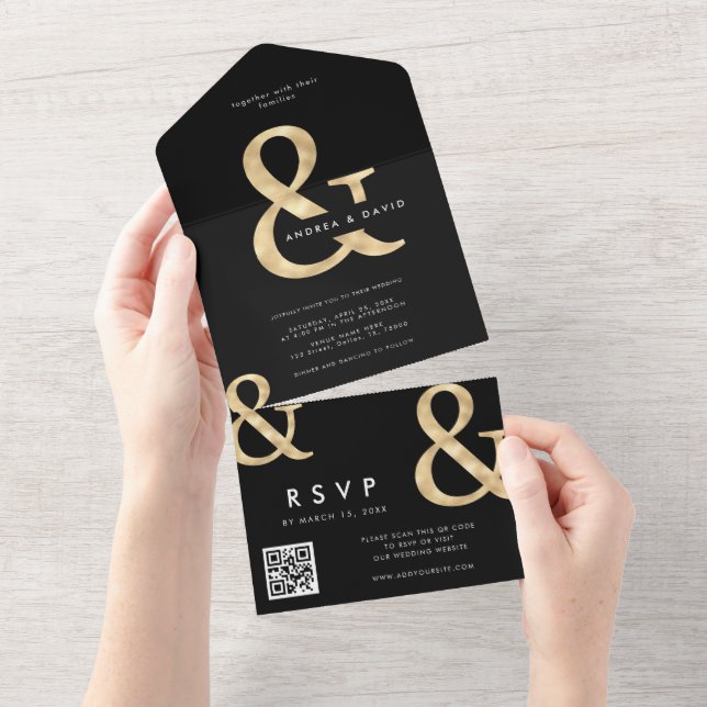 Casamento Moderno de RSVP com Código QR em Preto e (Aba destacável)