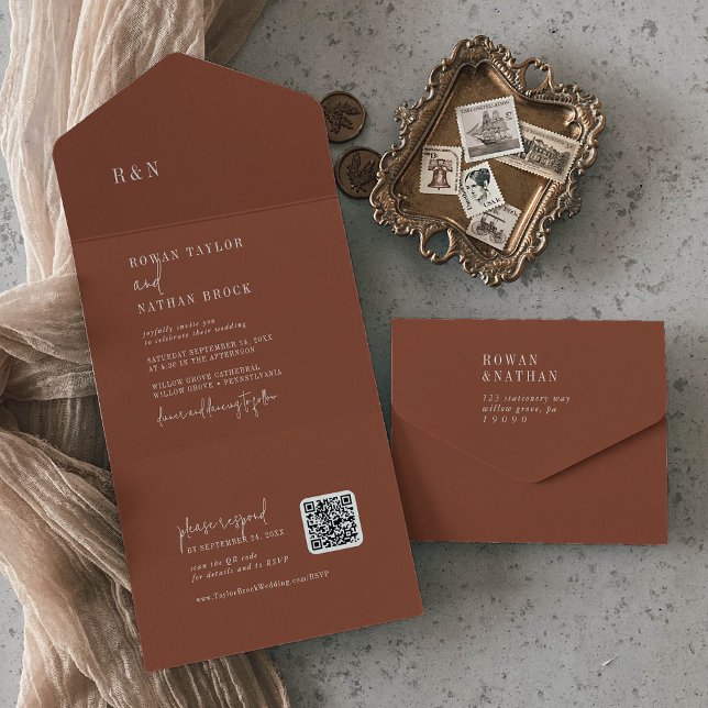 Casamento Moderno de Terracotta Rust QR Monograma (Criador carregado)