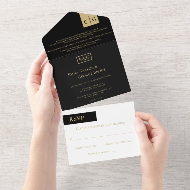 Casamento Moderno do Monograma Dourado Negro Cláss (Aba destacável)