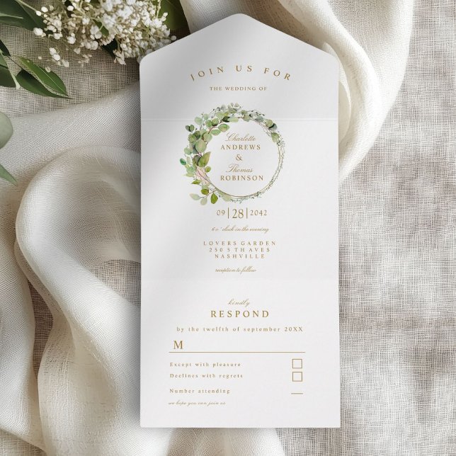 Casamento moderno e elegante de eucalipto (Modern, elegant eucalyptus wreath wedding all in one invitation)