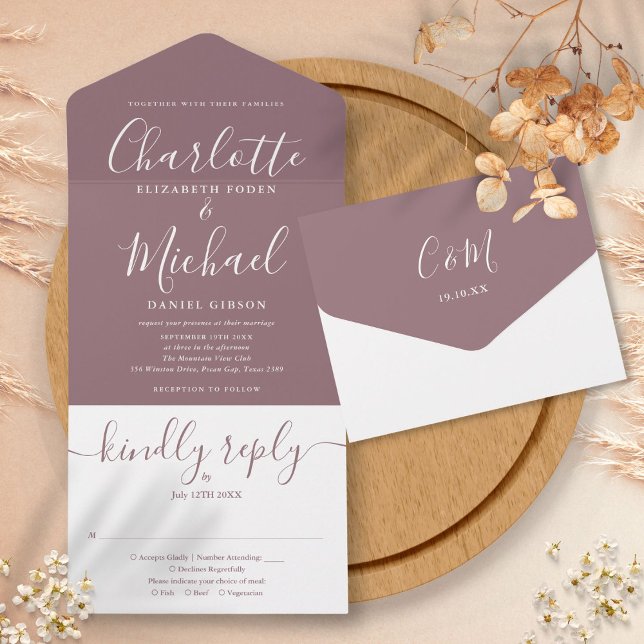 Casamento Moderno Elegante Roxo Script Minimalista (Mauve Elegant Modern Script Minimalist Wedding All In One Invitation)