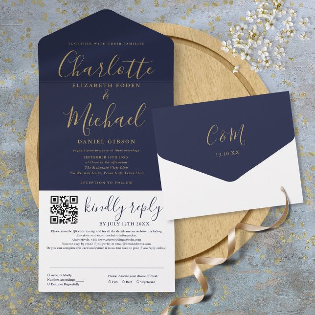 Casamento Moderno em Azul Marinho e Dourado com Có (Navy Blue And Gold Modern Script QR Code Wedding All In One Invitation)