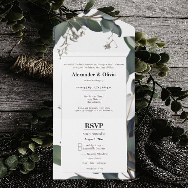 Casamento Moderno Eucalyptus (Modern Eucalyptus Wedding All in One Invitation)