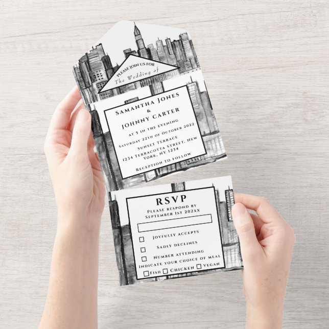 Casamento Moderno Negro e Branco da RSVP de Nova Y (Aba destacável)