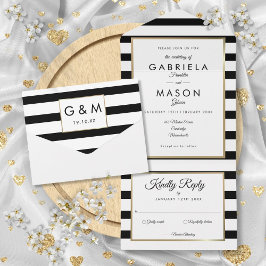 Casamento Moderno Preto e Branco Listra Dourada