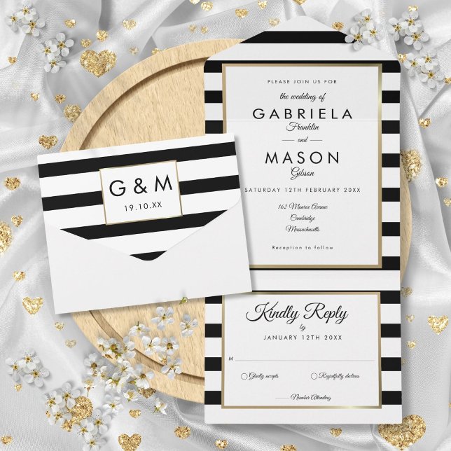 Casamento Moderno Preto e Branco Listra Dourada (Modern Black And White Stripe Gold Wedding All In One Invitation)