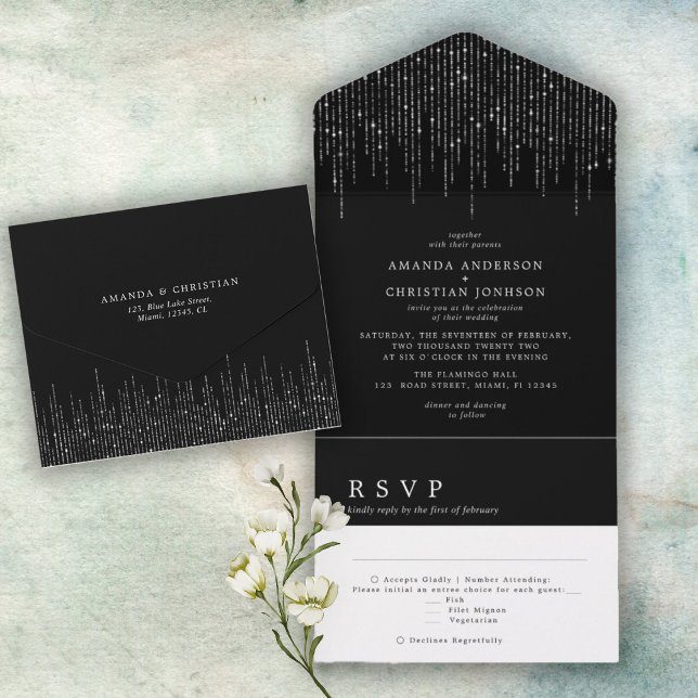 Casamento Moderno Preto e Branco Prateado Brilhant (Criador carregado)