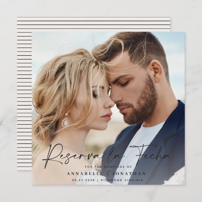 Casamento moderno Reserve a Data creme preto Salva (Frente/Verso)