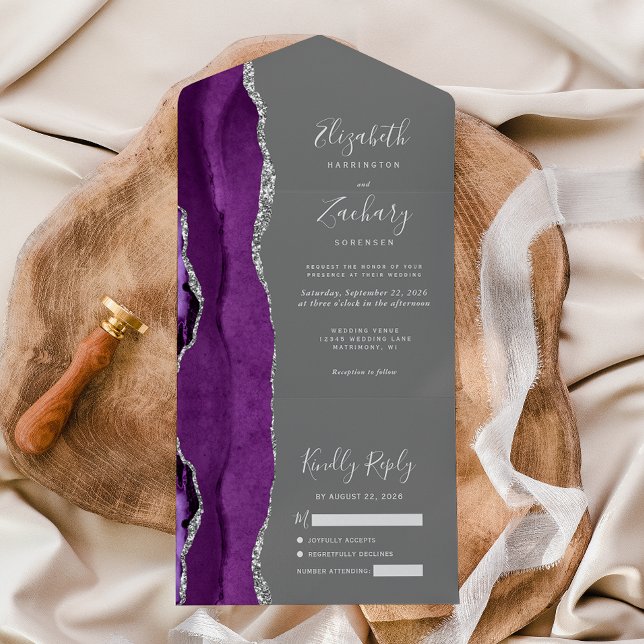 Casamento Moderno Roxo Prata Ágata Cinza (Criador carregado)