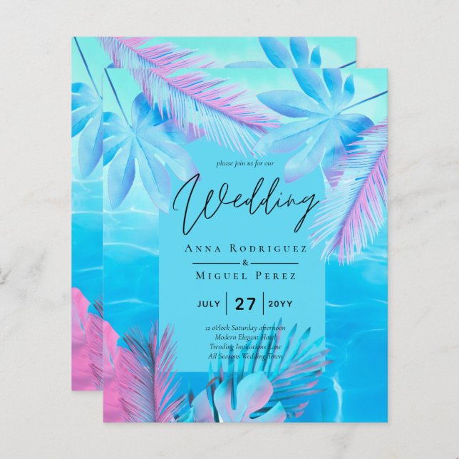Casamento Moderno Tropical de Verão Azul Água Rosa (Frente/Verso)