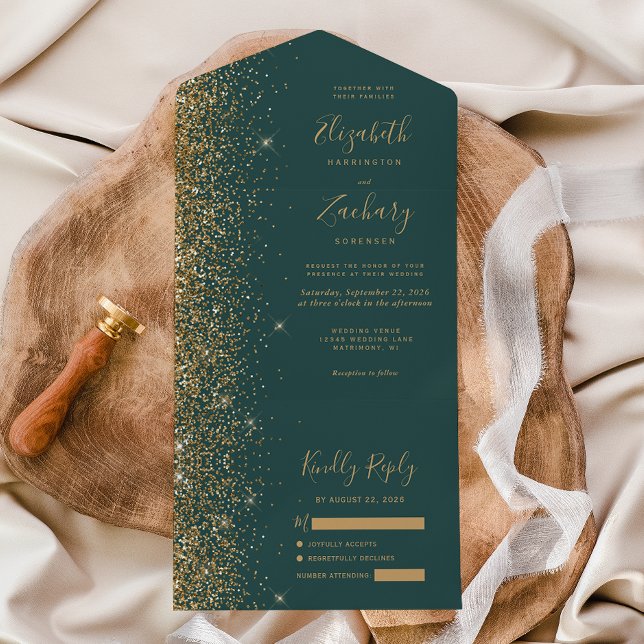 Casamento Moderno Verde Escuro Brilho Dourado (Criador carregado)