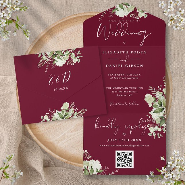 Casamento Monograma Código QR de Verdor Borgonha (Criador carregado)