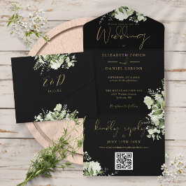Casamento Monograma Código QR Folhagem Preto e Dou