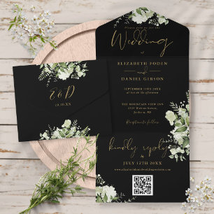 Casamento Monograma Código QR Folhagem Preto e Dou