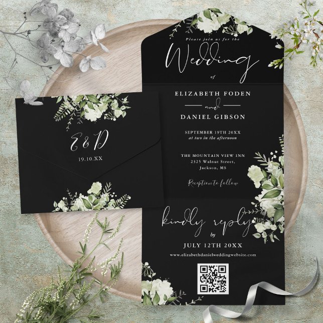 Casamento Monograma do Código QR do Verde Negro e  (Black And White Greenery QR Code Monogram Wedding All In One Invitation)