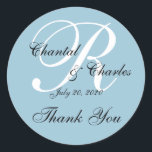Casamento Monograma Obrigado Etiqueta<br><div class="desc">Monograma de Casamento Elegante Azul Obrigado Rótulos. Estas obrigados de casamento que vocês viciam são a maneira perfeita de personalizar seus favores de casamento. Modelo personalizado para "R" inicial. Adicione seus nomes de noiva e noivo e a data do casamento. Design de sobreposição de fontes de script elegante em um...</div>