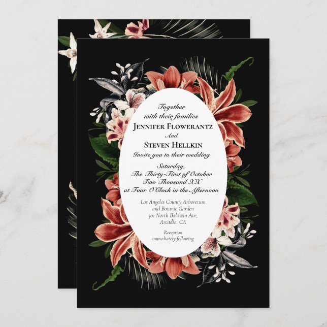 Casamento Moody Escuro Convite QR Código Botânico (Frente/Verso)