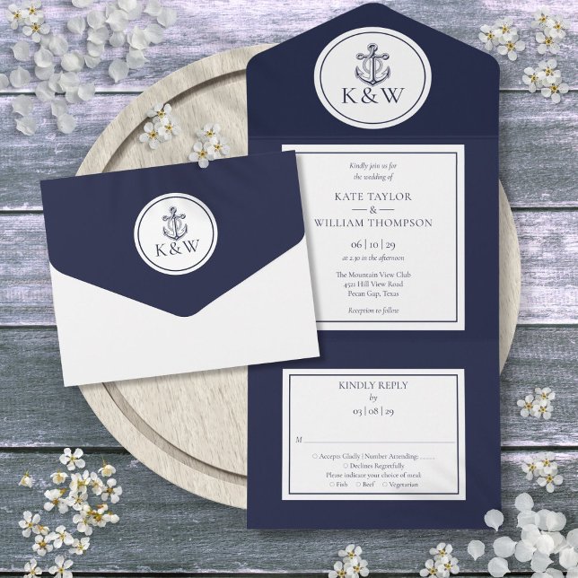 Casamento Náutico Âncora Azul-Marinho (Navy Blue Anchor Nautical Wedding All In One Invitation)