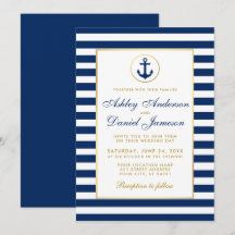 Casamento Náutico Azul Listras Douradas Convite B