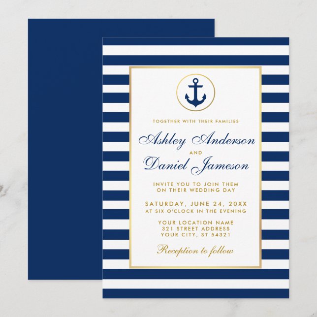 Casamento Náutico Azul Listras Douradas Convite B (Frente/Verso)