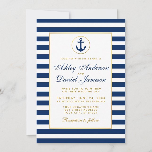 Casamento Náutico Azul Listras Douradas Convite W (Frente)