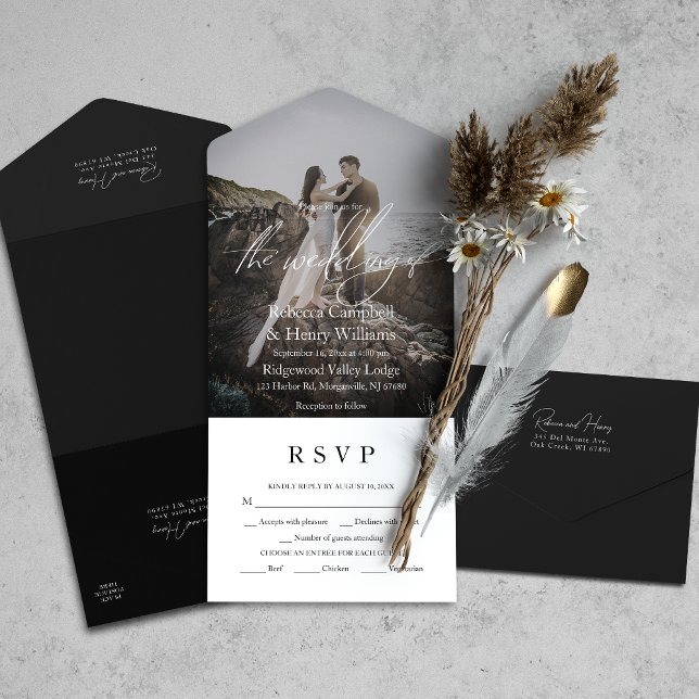 Casamento Negro de Entrada RSVP de Script de Fotog (All-in-one wedding invitation with QR code to RSVP - Simplify and save time for you and your guests.)
