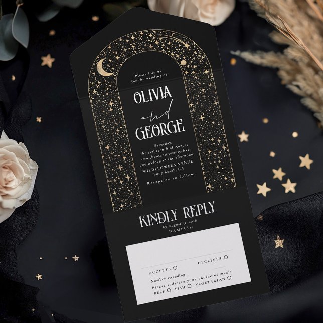 Casamento Negro do Arco Celestial das Estrelas do  (All in One Black Celestial Arch Wedding Invitations and RSVPs)