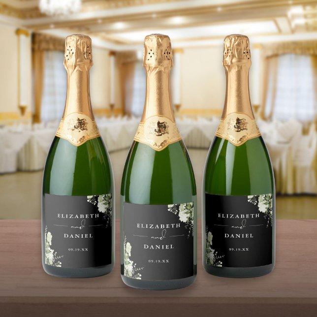Casamento Negro E Branco Elegante Verde Floral (Greenery Floral Elegant Black And White Wedding Sparkling Wine Label)
