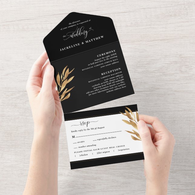 Casamento negro e Dourado moderno com RSVP perfura (Aba destacável)