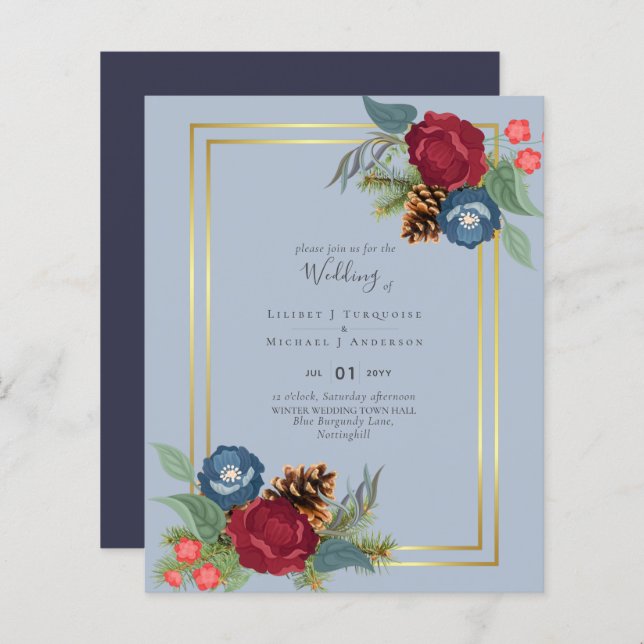 Casamento no inverno Borgonha Azul Azul Moderno (Frente/Verso)
