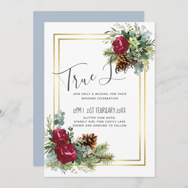 Casamento no inverno Burgundy Rosas Eucalyptus (Frente/Verso)