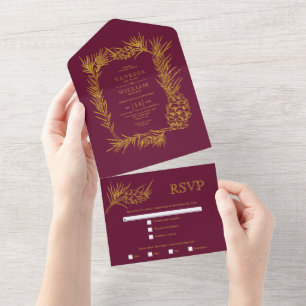 Casamento no inverno de burgundy Dourado com pinhe