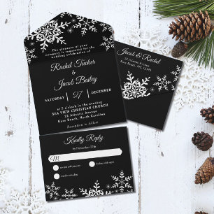 Casamento no inverno preto e branco com flocos de