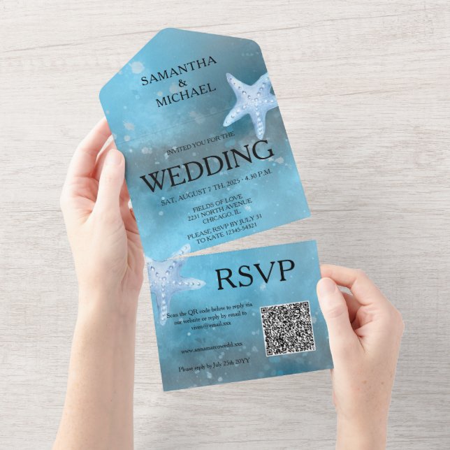 Casamento No Mar Azul Profundo, Tudo Em Um Convite (Aba destacável)